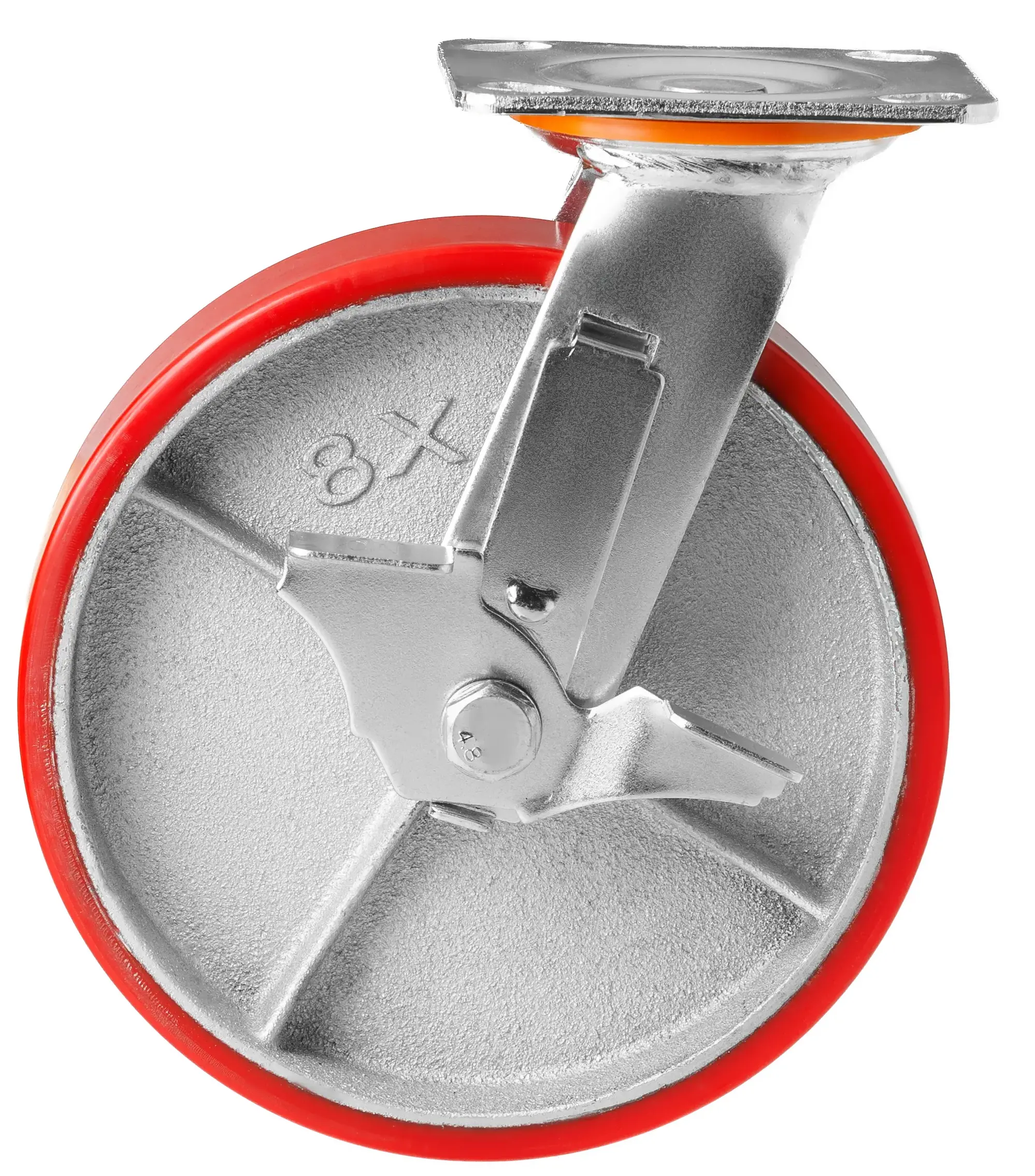 Большегрузное полиуретановое колесо 200 мм (поворотное, площадка, тормоз, роликоподшипник) - SCPB 80